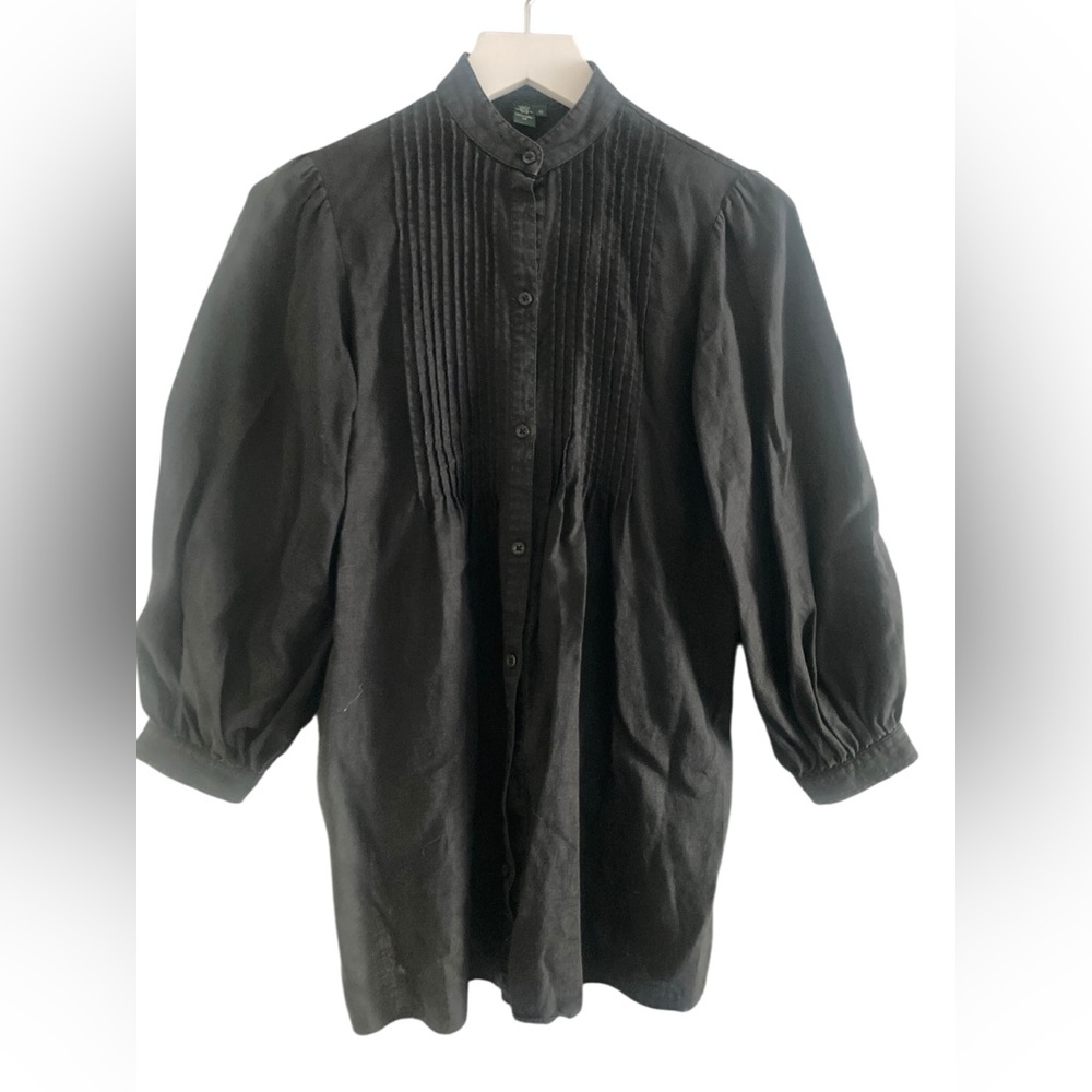 Ralph Lauren Black Pintuck Button-Front Blouse- Button-down- XS-100% linen